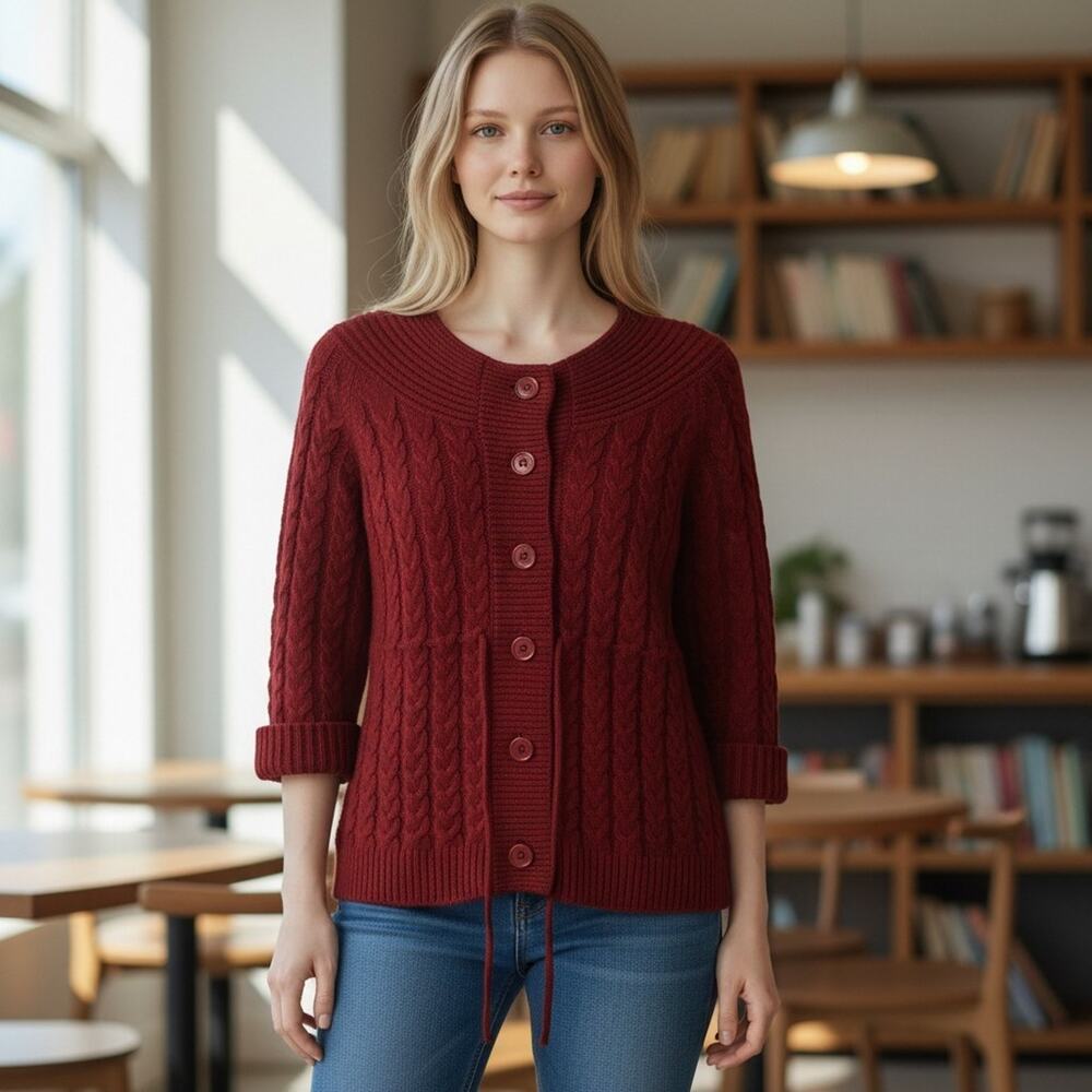 Cable Knit Cardigan Grandpacore Old Money Button Front Drawstring Hem Red Sz M